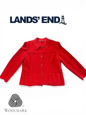Lands End Women Red 100% Wool Button Front Blazer Jacket Two Pockets Size L